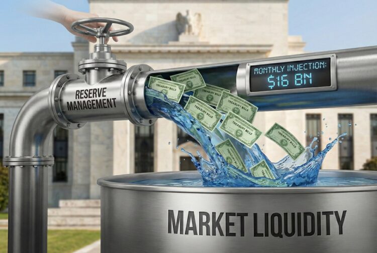 Ilustración conceptual financiera que muestra una mano abriendo una válvula etiquetada como "RESERVE MANAGEMENT" en una tubería industrial. Un flujo de agua y certificados de "TREASURY BILLS" cae dentro de un tanque metálico marcado como "MARKET LIQUIDITY". Una pantalla digital en la tubería indica "MONTHLY INJECTION: $16 BN", con el edificio de la Reserva Federal (FED) visible en el fondo.