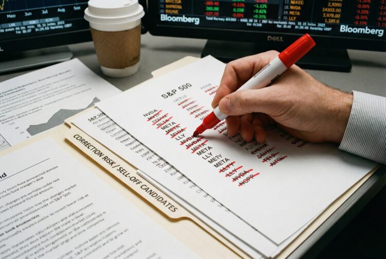 Fotografía de un escritorio financiero donde una mano con un rotulador rojo grueso tacha tickers específicos del S&P 500, como NVDA y META, en una lista impresa. El documento se clasifica dentro de una carpeta de manila etiquetada claramente como "CORRECTION RISK / SELL-OFF CANDIDATES", con monitores mostrando datos de mercado de Bloomberg en segundo plano.
