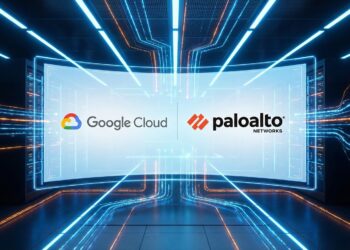 Logos de Google Cloud y Palo Alto Networks en pantalla dentro de un centro de datos.