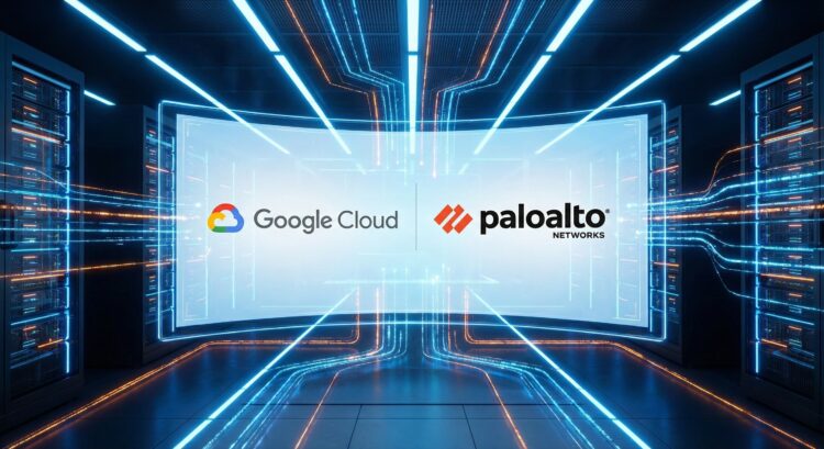 Logos de Google Cloud y Palo Alto Networks en pantalla dentro de un centro de datos.