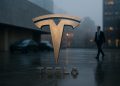 Logo de Tesla gigante en una escena urbana realista con luz tenue y ambiente financiero discreto.