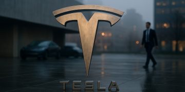 Logo de Tesla gigante en una escena urbana realista con luz tenue y ambiente financiero discreto.