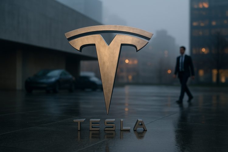 Logo de Tesla gigante en una escena urbana realista con luz tenue y ambiente financiero discreto.