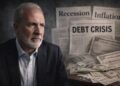 Peter Schiff con expresión de preocupación frente a señales visuales de crisis económica y mercados en caída.
