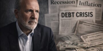 Peter Schiff con expresión de preocupación frente a señales visuales de crisis económica y mercados en caída.