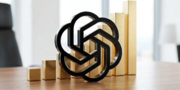 Escultura logo OpenAI metal negro y barras gráficas oro crecientes en escritorio oficina.