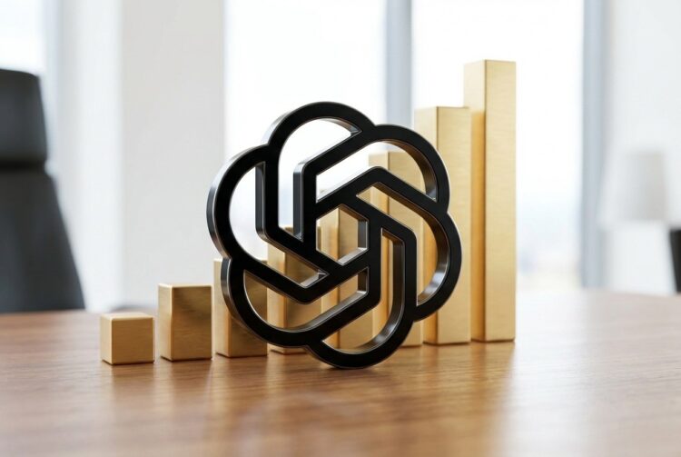 Escultura logo OpenAI metal negro y barras gráficas oro crecientes en escritorio oficina.