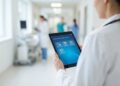 Plano medio sobre el hombro de un médico con bata blanca utilizando una tablet en un entorno hospitalario moderno y luminoso. La pantalla de la tablet está en foco y muestra una interfaz de aplicación clínica limpia con herramientas de programación, noticias médicas y gestión de pacientes, mientras el fondo de la sala de hospital permanece suavemente desenfocado.