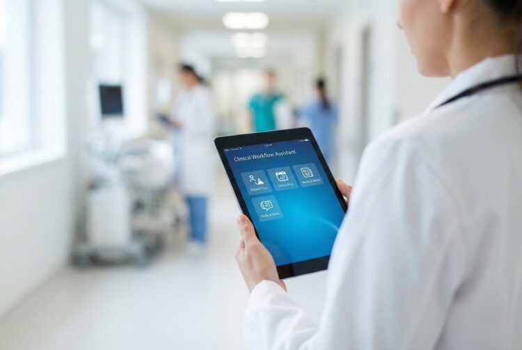 Plano medio sobre el hombro de un médico con bata blanca utilizando una tablet en un entorno hospitalario moderno y luminoso. La pantalla de la tablet está en foco y muestra una interfaz de aplicación clínica limpia con herramientas de programación, noticias médicas y gestión de pacientes, mientras el fondo de la sala de hospital permanece suavemente desenfocado.