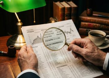 Primer plano de las manos de un inversor veterano en un despacho clásico, utilizando una lupa para examinar un informe financiero impreso. La lupa resalta específicamente el texto "P/E RATIO: 8.5 (LOW)" y "VALUE FUNDAMENTALS", mientras que el resto del periódico, con gráficos de "HYPE" y "MEDIA BUZZ", permanece en segundo plano. Una lámpara verde de banquero, una pipa y libros antiguos completan la escena de estudio minucioso.