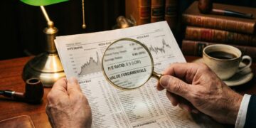 Primer plano de las manos de un inversor veterano en un despacho clásico, utilizando una lupa para examinar un informe financiero impreso. La lupa resalta específicamente el texto "P/E RATIO: 8.5 (LOW)" y "VALUE FUNDAMENTALS", mientras que el resto del periódico, con gráficos de "HYPE" y "MEDIA BUZZ", permanece en segundo plano. Una lámpara verde de banquero, una pipa y libros antiguos completan la escena de estudio minucioso.