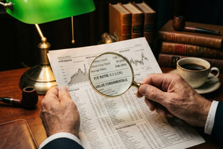 Primer plano de las manos de un inversor veterano en un despacho clásico, utilizando una lupa para examinar un informe financiero impreso. La lupa resalta específicamente el texto "P/E RATIO: 8.5 (LOW)" y "VALUE FUNDAMENTALS", mientras que el resto del periódico, con gráficos de "HYPE" y "MEDIA BUZZ", permanece en segundo plano. Una lámpara verde de banquero, una pipa y libros antiguos completan la escena de estudio minucioso.