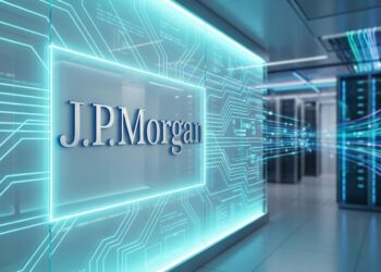 Logo de J.P. Morgan en centro de datos futurista, acciones de internet 2026.