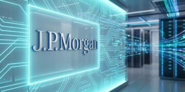 Logo de J.P. Morgan en centro de datos futurista, acciones de internet 2026.