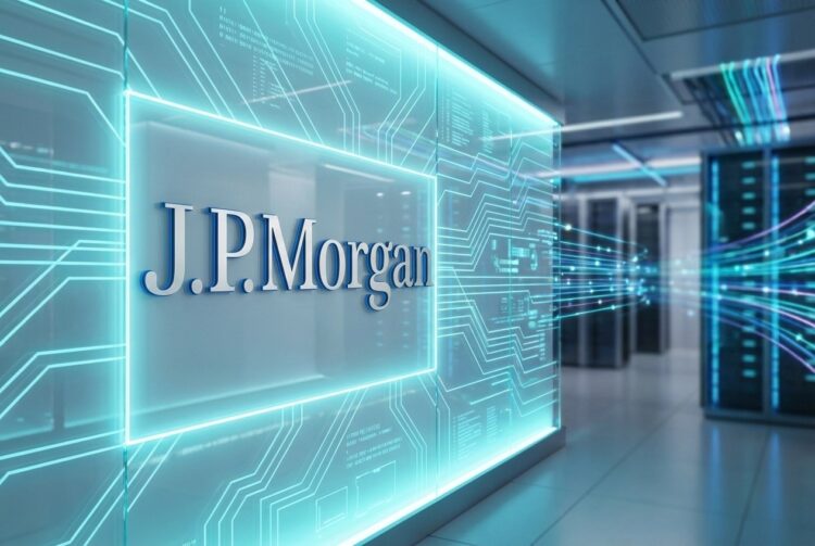 Logo de J.P. Morgan en centro de datos futurista, acciones de internet 2026.