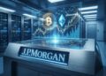 Consola tecnológica J.P. Morgan con holograma de gráficos de trading Bitcoin y Ethereum en centro de datos.
