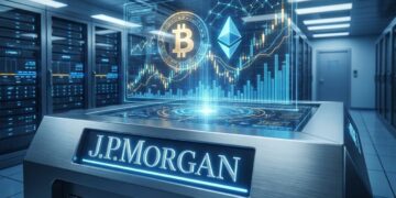 Consola tecnológica J.P. Morgan con holograma de gráficos de trading Bitcoin y Ethereum en centro de datos.