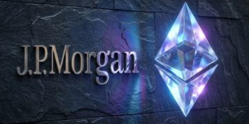 Logo J.P. Morgan y símbolo Ethereum en cristal, primer fondo tokenizado.