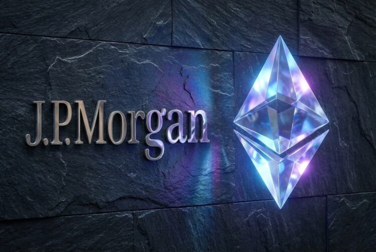 Logo J.P. Morgan y símbolo Ethereum en cristal, primer fondo tokenizado.