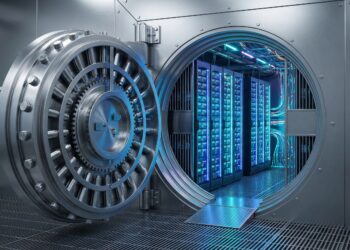 Vista interior de una bóveda bancaria futurista con una enorme puerta circular de acero abierta a la izquierda. El interior revela filas de racks de servidores de datos iluminados con luces azules y cian brillantes, en lugar de efectivo u oro, simbolizando el valor de la infraestructura tecnológica moderna.