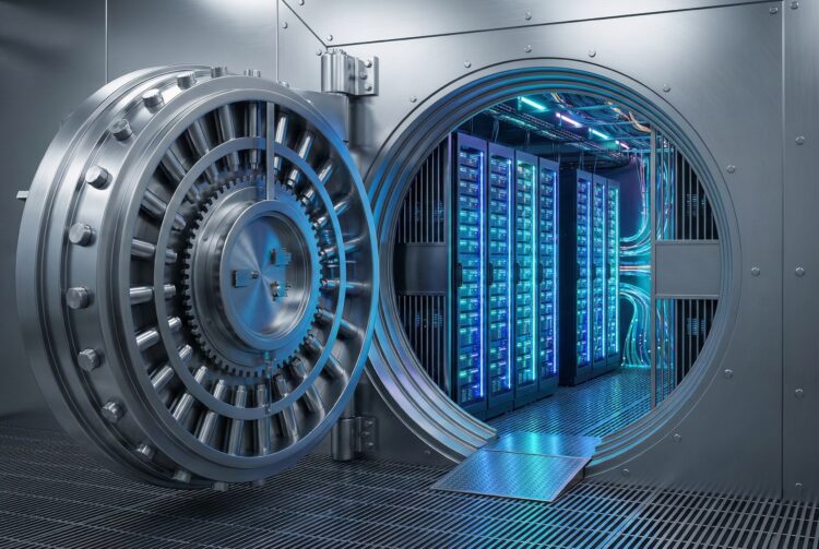 Vista interior de una bóveda bancaria futurista con una enorme puerta circular de acero abierta a la izquierda. El interior revela filas de racks de servidores de datos iluminados con luces azules y cian brillantes, en lugar de efectivo u oro, simbolizando el valor de la infraestructura tecnológica moderna.