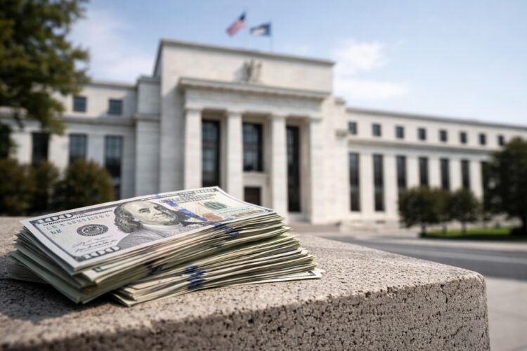 Billetes de dólar frente al edificio de la Fed reflejan dominio cíclico en la deuda.