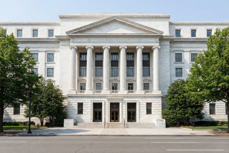 Fotografía frontal y simétrica del edificio Marriner S. Eccles de la Reserva Federal en Washington D.C., mostrando su fachada de mármol blanco, columnas clásicas y el grabado "FEDERAL RESERVE" bajo luz diurna, flanqueado por árboles verdes.