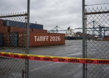 Fotografía documental de un puerto de carga industrial bajo un cielo nublado y gris, transmitiendo una atmósfera de estancamiento. En primer plano, una barrera física formada por una valla metálica y cinta de precaución roja y amarilla con el texto repetido "STOP - TARIFFS" bloquea la vista. Detrás de la barrera, un contenedor de transporte de color óxido tiene estarcido en letras blancas grandes el texto "TARIFF 2026".