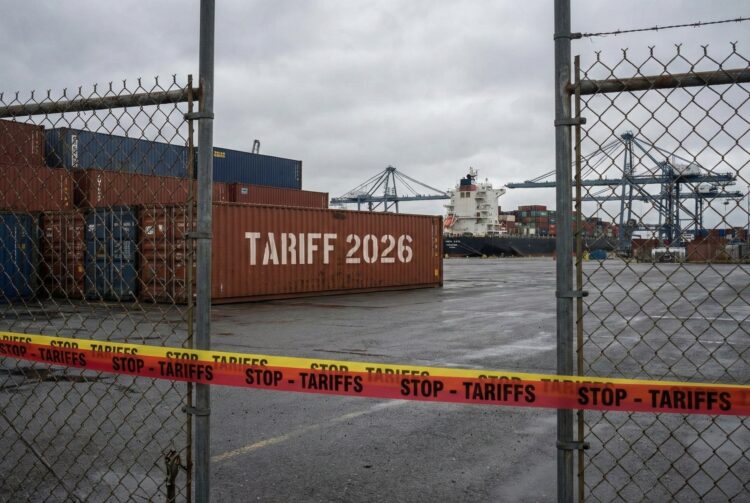 Fotografía documental de un puerto de carga industrial bajo un cielo nublado y gris, transmitiendo una atmósfera de estancamiento. En primer plano, una barrera física formada por una valla metálica y cinta de precaución roja y amarilla con el texto repetido "STOP - TARIFFS" bloquea la vista. Detrás de la barrera, un contenedor de transporte de color óxido tiene estarcido en letras blancas grandes el texto "TARIFF 2026".