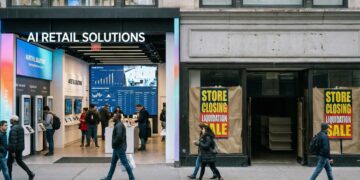 Fotografía a pie de calle comparando dos comercios adyacentes: a la izquierda, una concurrida tienda moderna llamada "AI RETAIL SOLUTIONS" con pantallas digitales y clientes; a la derecha, un local vacío con carteles amarillos y rojos de "STORE CLOSING LIQUIDATION SALE" y ventanas cubiertas con papel, ilustrando el impacto de la tecnología en la supervivencia del negocio.