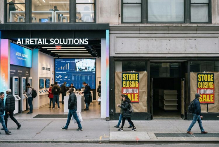 Fotografía a pie de calle comparando dos comercios adyacentes: a la izquierda, una concurrida tienda moderna llamada "AI RETAIL SOLUTIONS" con pantallas digitales y clientes; a la derecha, un local vacío con carteles amarillos y rojos de "STORE CLOSING LIQUIDATION SALE" y ventanas cubiertas con papel, ilustrando el impacto de la tecnología en la supervivencia del negocio.