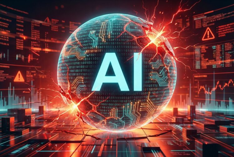 Una esfera digital con circuitos y la palabra "AI" en el centro se fractura explosivamente con luz roja, sobre un fondo de gráficos financieros y alertas de mercado en crisis, simbolizando el colapso del sector tecnológico.