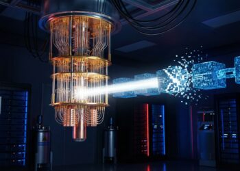 Una computadora cuántica con su estructura de candelabro dorado en un laboratorio oscuro emite un potente rayo de luz que impacta y fractura un bloque de datos en una cadena de bloques digital, simbolizando la vulnerabilidad de la criptografía ante el poder de procesamiento cuántico.