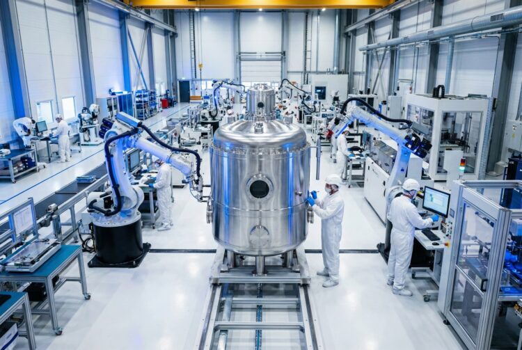 Vista interior de una planta de manufactura de alta tecnología donde se ensambla un Reactor Modular Pequeño (SMR). Brazos robóticos de precisión y técnicos con trajes de sala limpia trabajan sobre un cilindro metálico vertical en un entorno estéril y brillante con iluminación azulada, ilustrando el cambio de la construcción nuclear tradicional a la producción eficiente en fábrica.