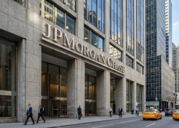 Fotografía de la entrada principal del edificio de JPMorgan Chase en Manhattan, Nueva York. El nombre 'JPMORGAN CHASE' está claramente visible en letras grandes y metálicas sobre la fachada de piedra y vidrio. Peatones caminan por la acera y taxis amarillos circulan por la calle bajo la luz del día.