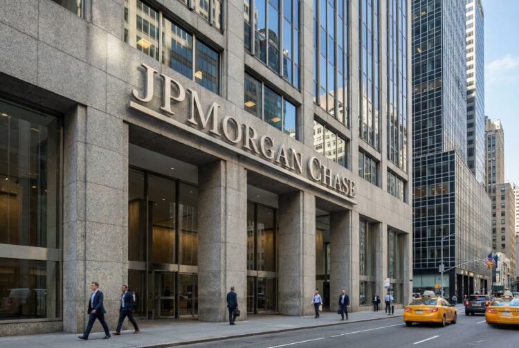 Fotografía de la entrada principal del edificio de JPMorgan Chase en Manhattan, Nueva York. El nombre 'JPMORGAN CHASE' está claramente visible en letras grandes y metálicas sobre la fachada de piedra y vidrio. Peatones caminan por la acera y taxis amarillos circulan por la calle bajo la luz del día.
