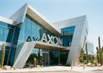 Vista frontal exterior a nivel de calle de la sede corporativa de Axon Enterprise en Scottsdale, Arizona. La imagen muestra una arquitectura moderna y angular con fachada de paneles metálicos plateados y grandes ventanales de vidrio. El logotipo 'AXON' en letras grandes y plateadas es prominente sobre la entrada principal, todo bajo luz diurna brillante y rodeado de paisaje desértico con cactus saguaro.