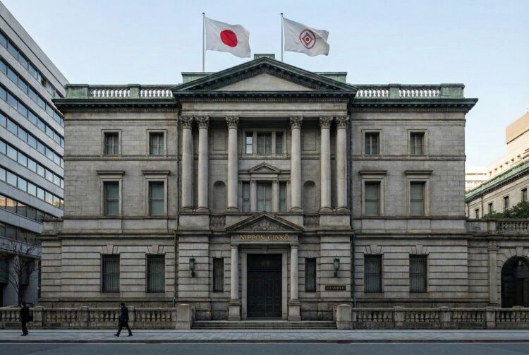 Fotografía arquitectónica frontal de la imponente fachada de piedra neoclásica del edificio del Banco de Japón en Tokio. La bandera nacional japonesa y la bandera institucional del banco ondean en el tejado, y una placa dorada sobre la entrada principal identifica claramente el edificio como NIPPON GINKO. Un peatón camina por la acera en primer plano.