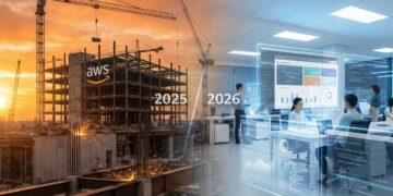 Composición visual de doble exposición que contrasta dos periodos: a la izquierda, etiquetado como "2025", una obra de construcción industrial de un centro de datos de AWS con grúas y chispas bajo un atardecer naranja. A la derecha, etiquetado como "2026", un entorno de oficina moderno y luminoso donde profesionales trabajan con interfaces digitales y gráficos de datos holográficos en tonos azules.