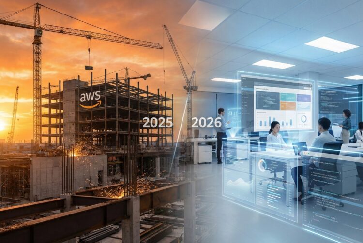Composición visual de doble exposición que contrasta dos periodos: a la izquierda, etiquetado como "2025", una obra de construcción industrial de un centro de datos de AWS con grúas y chispas bajo un atardecer naranja. A la derecha, etiquetado como "2026", un entorno de oficina moderno y luminoso donde profesionales trabajan con interfaces digitales y gráficos de datos holográficos en tonos azules.