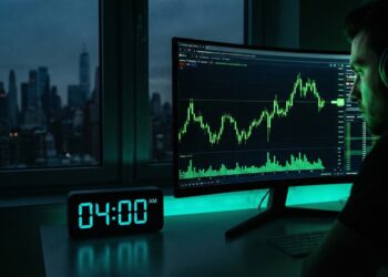 Composición conceptual en una habitación oscura iluminada solo por pantallas. En primer plano, un reloj digital marca las 03:00 AM. Al fondo, un monitor de trading muestra gráficos de velas japonesas verdes y el símbolo 'NDAQ' (Nasdaq) en tiempo real, ilustrando la continuidad de las operaciones financieras durante la madrugada mientras la ciudad duerme.