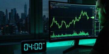 Composición conceptual en una habitación oscura iluminada solo por pantallas. En primer plano, un reloj digital marca las 03:00 AM. Al fondo, un monitor de trading muestra gráficos de velas japonesas verdes y el símbolo 'NDAQ' (Nasdaq) en tiempo real, ilustrando la continuidad de las operaciones financieras durante la madrugada mientras la ciudad duerme.