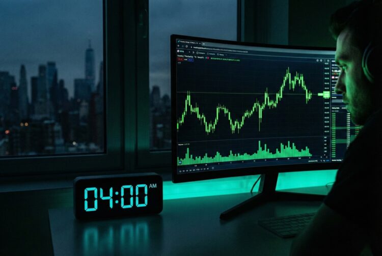 Composición conceptual en una habitación oscura iluminada solo por pantallas. En primer plano, un reloj digital marca las 03:00 AM. Al fondo, un monitor de trading muestra gráficos de velas japonesas verdes y el símbolo 'NDAQ' (Nasdaq) en tiempo real, ilustrando la continuidad de las operaciones financieras durante la madrugada mientras la ciudad duerme.