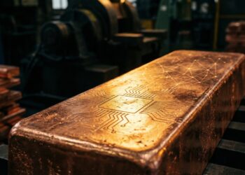 Lingote de cobre industrial en una fundición.