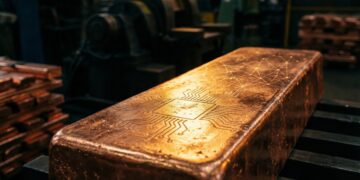 Lingote de cobre industrial en una fundición.