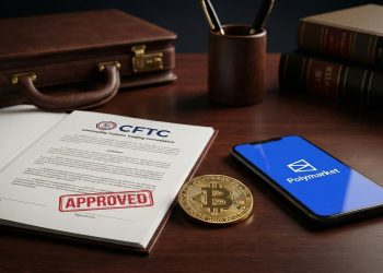Escritorio legal: documento "APPROVED" de la CFTC, un Bitcoin y un móvil con la app Polymarket.