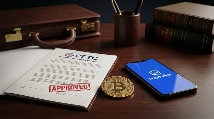 Escritorio legal: documento "APPROVED" de la CFTC, un Bitcoin y un móvil con la app Polymarket.
