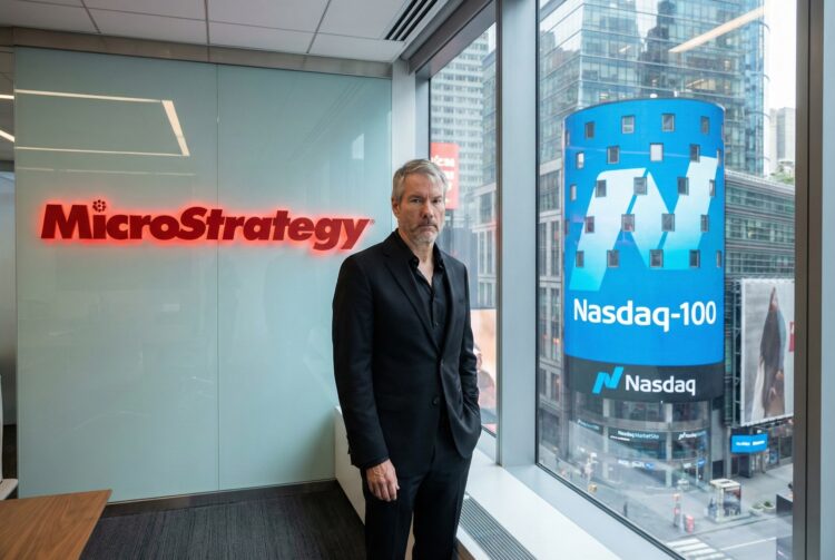 Michael Saylor con logos de MicroStrategy y Nasdaq-100.