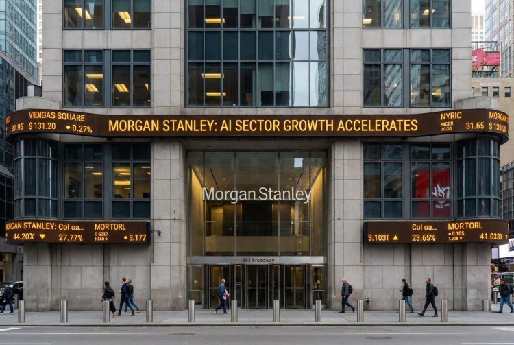 Fachada de Morgan Stanley en Times Square. El ticker LED ámbar muestra "AI SECTOR GROWTH ACCELERATES".