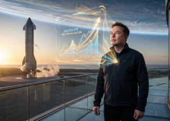Elon Musk observa holograma de IPO de SpaceX frente a cohete Starship.